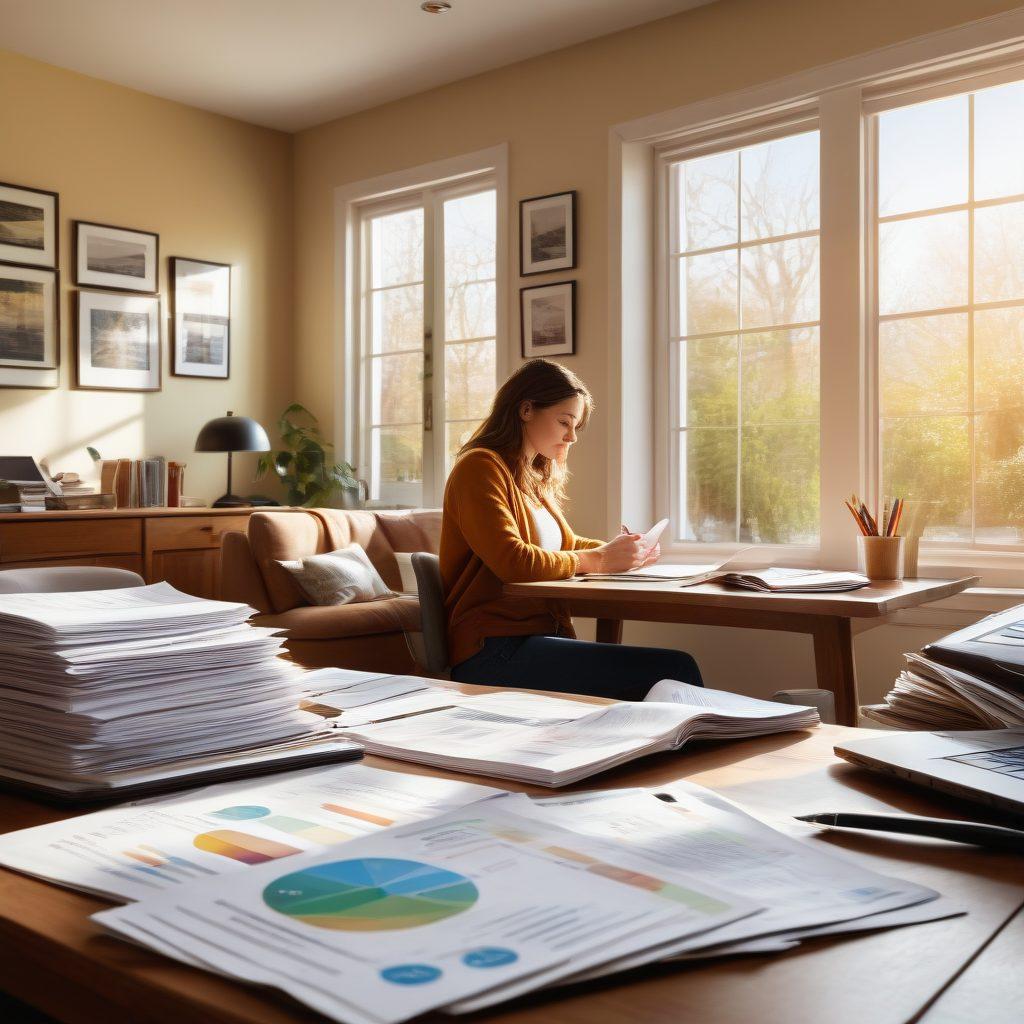 A thoughtful driver examining car insurance documents while sitting in a cozy home office, surrounded by stacks of informative brochures and a laptop displaying comparison charts. Bright sunlight filtering through a window, casting warm shadows. In the background, a family car is parked outside, hinting at freedom and adventure. The atmosphere combines modern living with practical decision-making. super-realistic. vibrant colors. cozy aesthetic.