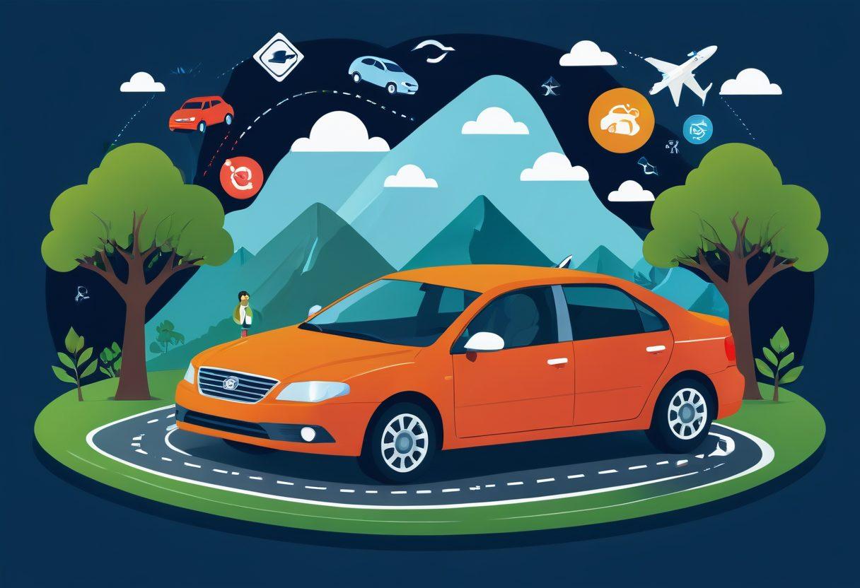 A visually engaging illustration of a person evaluating various car insurance options, surrounded by floating icons representing different coverage types such as liability, collision, and comprehensive. The background features a road winding through lush landscapes, symbolizing freedom and travel, while money symbols and a magnifying glass emphasize cost analysis and careful consideration. Include vibrant colors and a clear, modern design to attract readers. digital art. vibrant colors. white background.